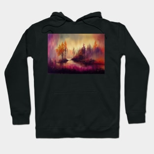 Trees On An Island In A Lake During Sunrise, Landscape Oil Painting Hoodie